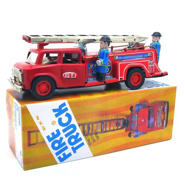 Engraçado adulto coleção retro wind up brinquedo metal estanho combate a incêndio caminhão carro bombeiros figuras de brinquedo mecânico modelo crianças presente 240307