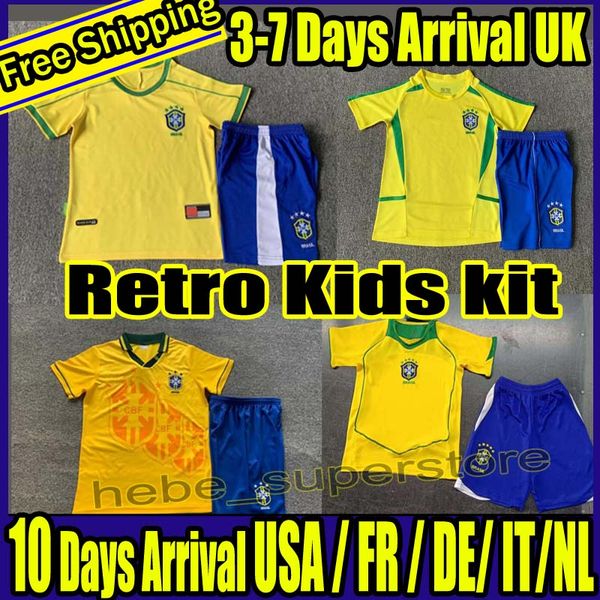Retro Kids 1998 Brasilien Fußballtrikots 2002 Retro-Shirts Carlos Romario Ronaldinho 2004 Camisa de Futebol 1994 Brasilien 2006 1982 RIVALDO ADRIANO JOELINTON 1988 2000