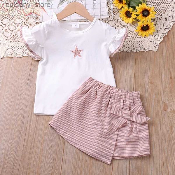 Camisetas roupas de bebê menina terno verão estrela impressão roupas de menina da criança camiseta tops + cintura calça saia 2-6y l240311