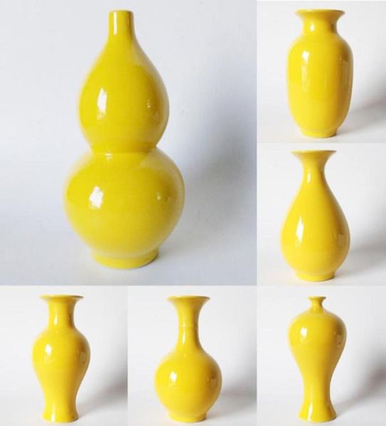 Vasen, gelbe Blumenvase aus Jingdezhen, Keramik-Flaschenkürbis, reine Heimtextilien, Feng Shui-Ornamente, A 8715453