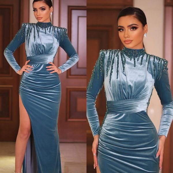 Meerjungfrau Marine Blue Prom Kleid hohe Nacken Langarme veet formelle Abendkleider elegante Perlen Partykleider für spezielle OCNS -Falten Split Robe de Soiree Es