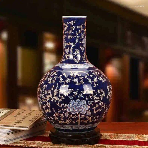 Vasen Blaue und weiße Porzellanvase Jingdezhen Keramik handbemalte Pfingstrose im chinesischen Stil Haushalt für Hochzeitsdekoration