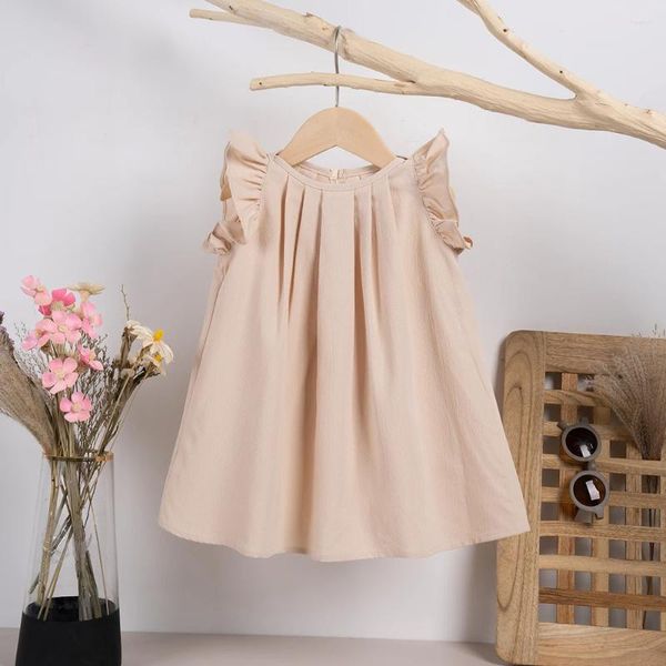 Mädchen Kleider Großhandel Baby Mädchen Schlüsselloch Kleid Rüschenbesatz Plissee Lässige Einfarbige Kinder Sommerkleidung Drop