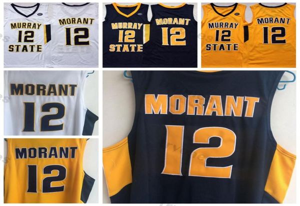 Herren Murray State Racers 12 Ja Morant College-Basketballtrikots Vintage Gelb Blau Weiß OVC Ohio Valley genähte Hemden S-XXL6725080