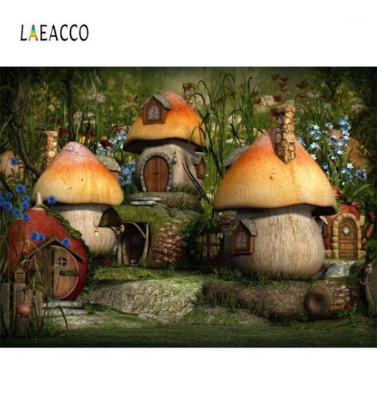 Material de fundo Laeacco Cogumelo Backdrops Fairytale Forest Tree House Decoração de festa de bebê Retrato Pographic Backgrounds Pocall 1500232