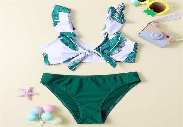 Costume intero per bambina Costume da bagno bikini con volant per bambini Foglia tropicale Due pezzi per bambini 039s Costume da bagno con allacciatura 714 Anni B7868646