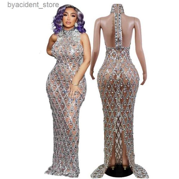 Urban Sexy Kleider, glitzerndes silbernes großes Strass-transparentes langes Kleid für Abend, Geburtstag, Feiern, luxuriös, Come Dancer, blinkendes Ballkleid, L240309