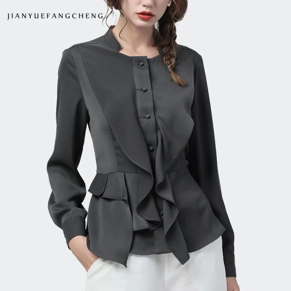 Camicette Moda Donna Camicia con collo quadrato Increspature Manica lunga Peplo Top Elegante Sottile Tinta unita 2020 Primavera Nuove signore Camicette da ufficio