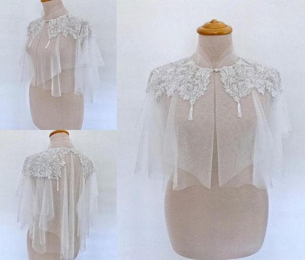 Envoltórios de noiva exclusivos modestos apliques de renda frisados bainha de pescoço alto casamento bolero de noiva para vestidos de casamento sem mangas feito sob encomenda 3357283