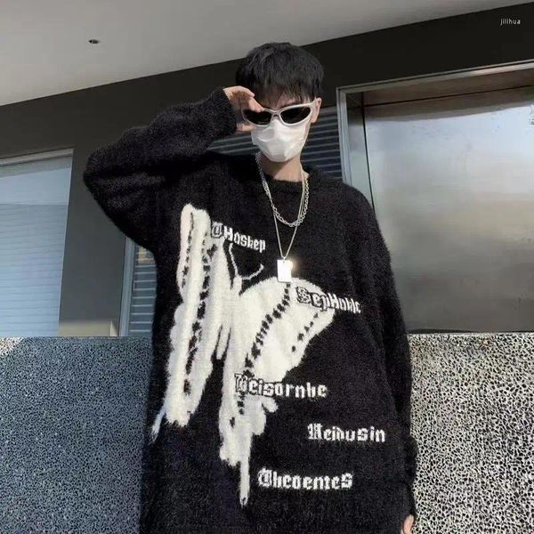 Erkek Sweaters Giyim Örgüsü Retro Sweater Koyu Tarz Gotik Y2K Kelebek Mektubu Erkekler Gevşek Örgü Kore Tops