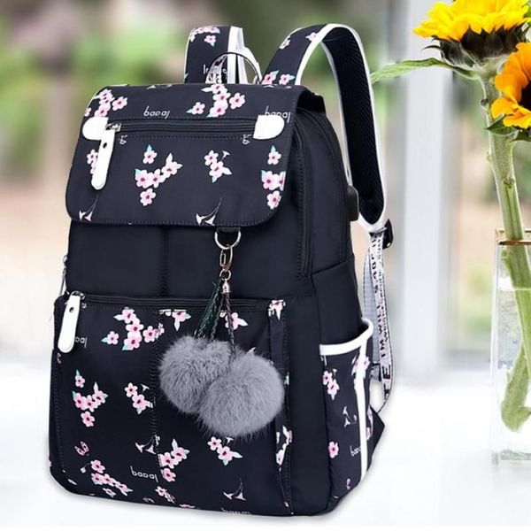 Okul çantaları usb şarj backpack kızlar için kadın moda siyah peluş top kız okul çantası kiraz çiçeği dekorasyon208d