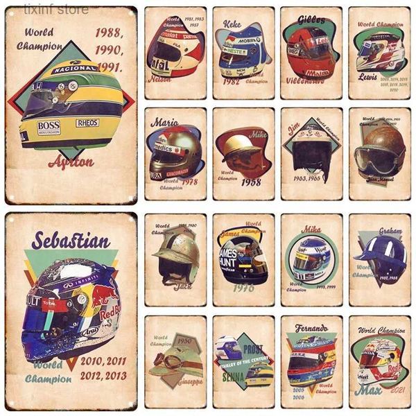 Pittura su metallo Casco da corsa F1 vintage Segnaletica in metallo Pittura su metallo Poster vintage Bar Garage Club Arte della parete Decorativa Murale Regalo estetico T240309