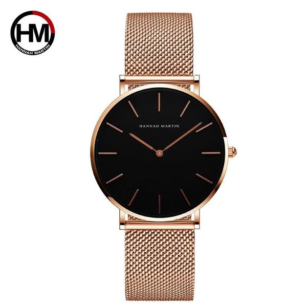 2021 relogio feminino hannah martin marca de luxo relógios femininos malha aço inoxidável rosa ouro à prova dwaterproof água relógio ajuste estilo senhoras qu311x