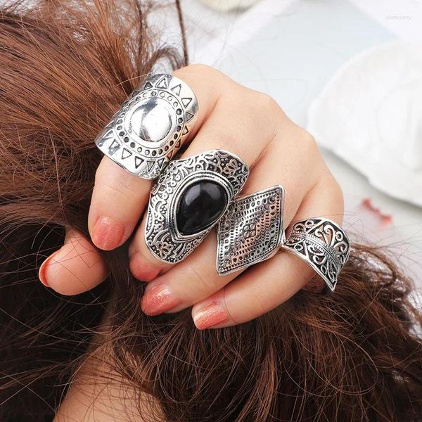 Cluster-Ringe 4 Teile/satz Vintage Türkische Strand Punk Harz Perlen Ring Set Ethnisch Geschnitzt Versilbert Boho Midi Finger Knuckle Charme Anelli