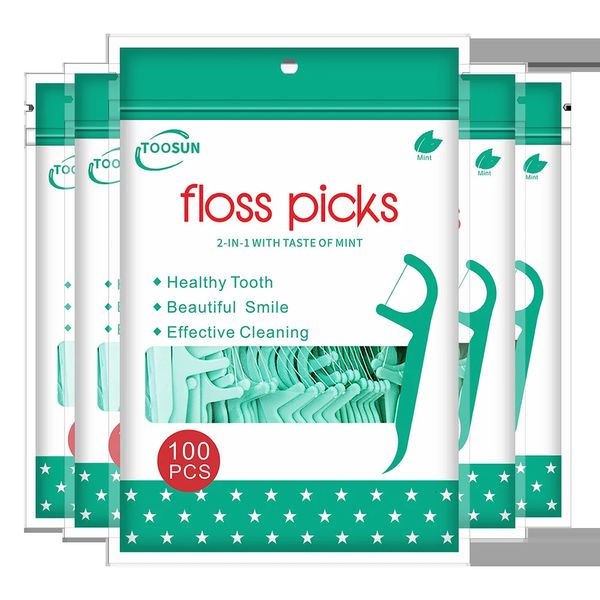 500 pçs fio dental escolher hortelã palito de plástico com fio descartável vara de seda ultrafino sabor hortelã dentes flosser 240309