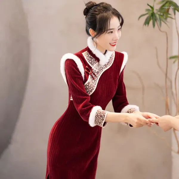 Abbigliamento etnico 2024 Anno del Festival di Primavera Rosso Cinese Cheongsam Giovane Donna Inverno Adulti Abiti Vintage Abito in Stile Orientale