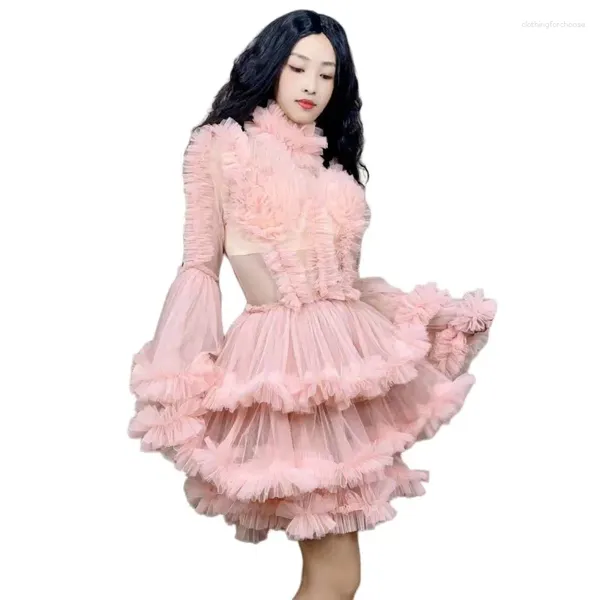 Bühnenkleidung Rosa Gaze Mesh Blase Kurzes Kleid Sänger Transparentes Kostüm Frauen Sexy Geburtstagsfeier Abschlussball Abend PO Shooting