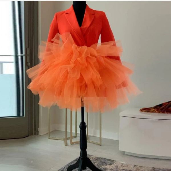 Saia 2020 imagem real quente laranja mini tule saias em camadas babados saia tutu curto feminino elástico feito sob encomenda primavera tule saia
