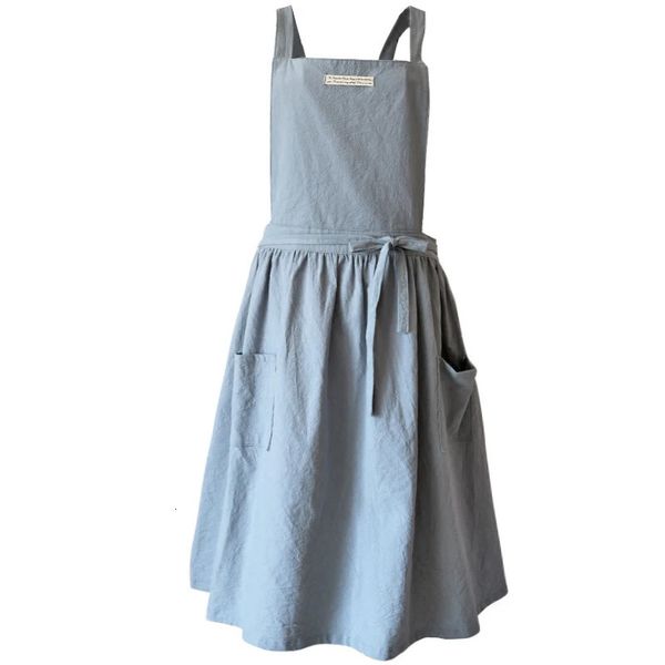 Breve vento nórdico saia plissada algodão linho avental feminino meninas vintage jardinagem funciona cruz volta pinafore vestido 240227