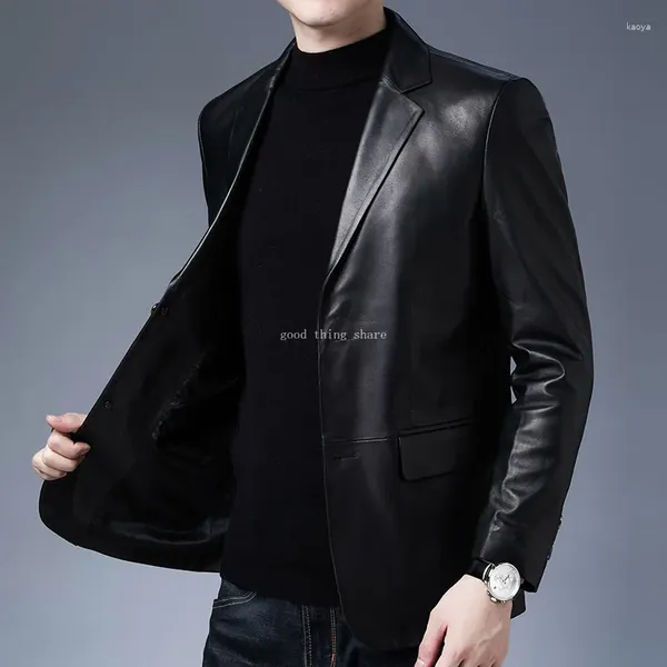 Ternos masculinos outono e inverno jovens roupas de couro genuíno primeira camada jaqueta de ovelha preto gola casaco