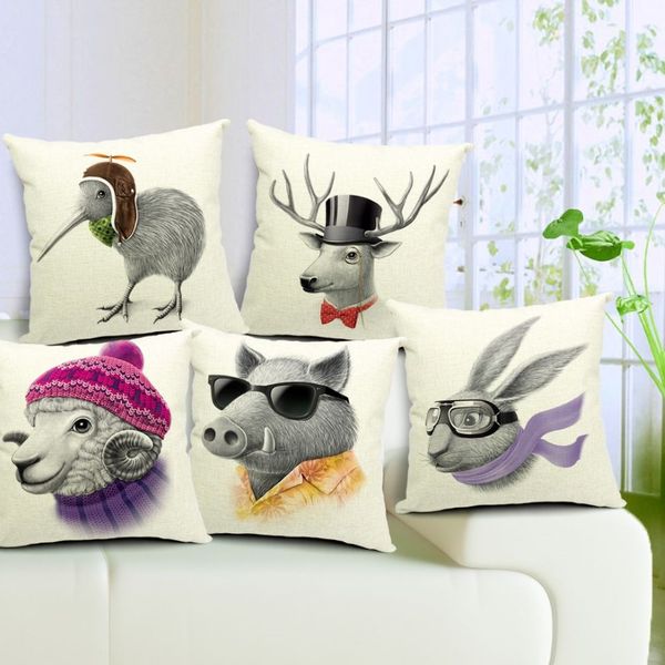 Minimalistische nordische Kissenbezüge, 5 Designs, Literaturstil, bezaubernde Cartoon-Tiere, Kissenbezug, Hirsch, Schaf, Schwein, Vogel, Kaninchen, Pillo287E