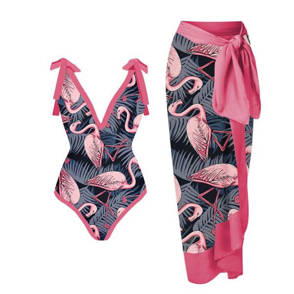 Costume da bagno femminile retrò costume da bagno con stampa fenicottero gonna vacanza abito da spiaggia costume da bagno firmato abbigliamento da surf estivo