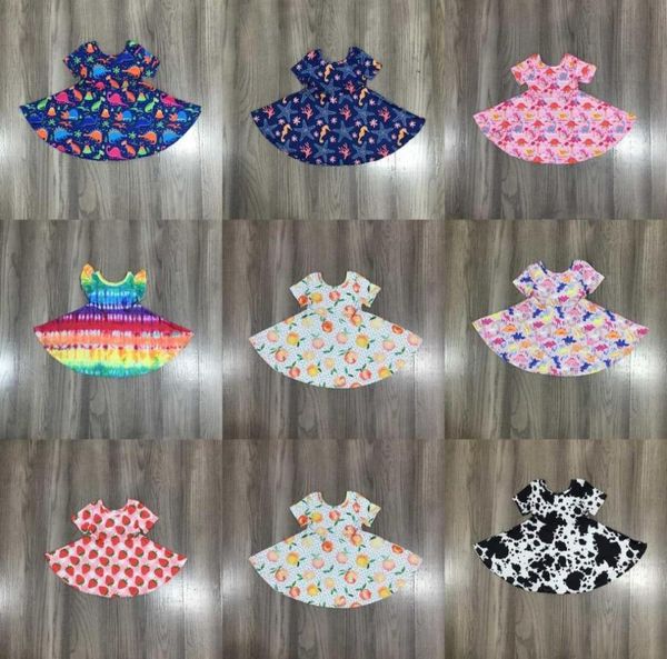 Girlymax Bebê Meninas Verão Crianças Roupas Leite Seda Tie Dye Dinossauro Vaca Strewberry Manga Curta Twirl Vestido Na Altura Do Joelho Q07163185647