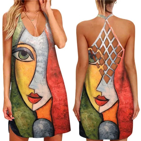 Vestido de verão elegante mini vestido feminino abstrato rosto arte impressão crisscross oco para fora sem mangas vestido sexy feminino festa halter vestidos