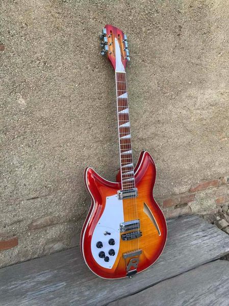 Personalizado semi oco corpo canhoto 12 cordas 381 cereja sunburst guitarra elétrica, com ponte de arremate de bordo inflamado