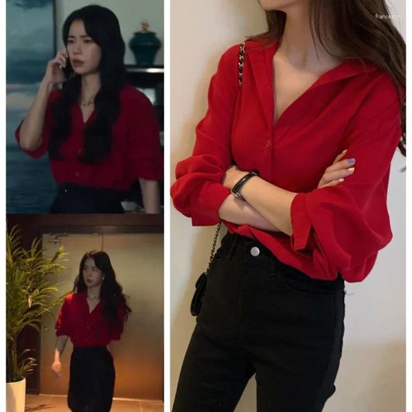 Camicette da donna Kpop Drammi coreani Camicia da ufficio rossa allentata moda Donna Risvolto estivo Manica lunga Monopetto Elegante Top femminile