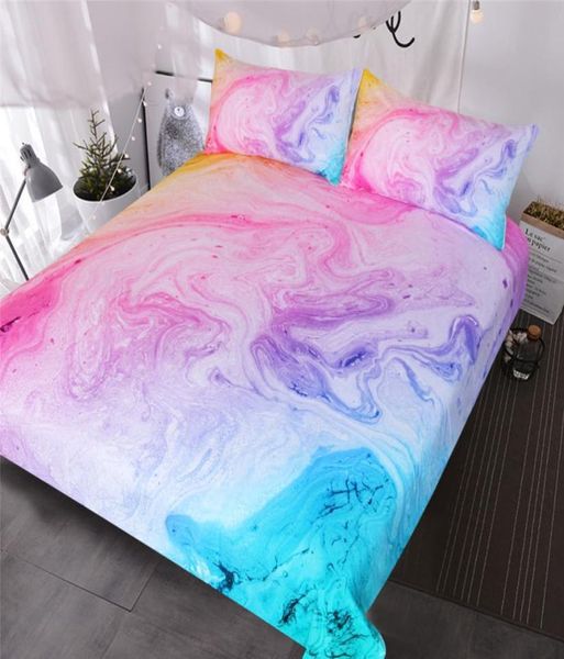 Set biancheria da letto in marmo colorato Set copripiumino sabbie mobili rosa pastello blu viola Set letto arte astratta Copriletto ragazza brillante4725162