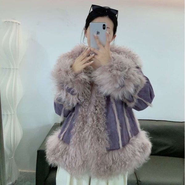 Cappotto oversize da donna di media lunghezza con collo largo in lana integrata nuova pelliccia di coniglio d'angora Haining 296833