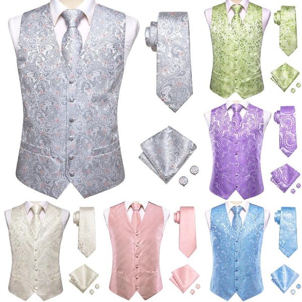 Coletes masculinos Hi-Tie Light Color Silk Mens Vest Tie Set Colete Sem Mangas Jaqueta Gravata Hanky Abotoaduras Casamento Negócios Casual Formal