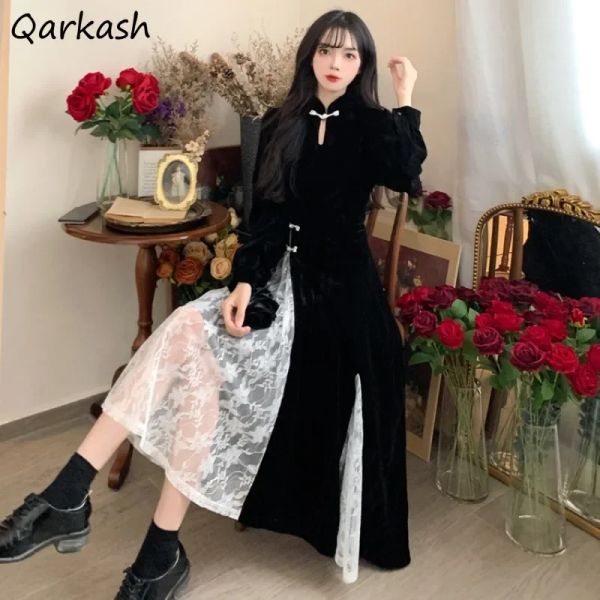 Vestido de manga comprida feminino preto estilo chinês veludo renda retalhos aline outono inverno elegante temperamento vintage feminino chique