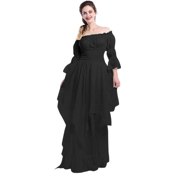 Vestido vintage vitoriano medieval, vestido com manga bufante, ombro de fora, fantasia para mulheres, cosplay sólido, baile de princesa, vestido gótico