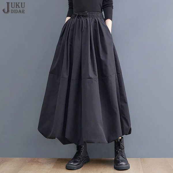 rock Neue Japanischen Stil Frau Solid Black Lange Elastische Taille Lange Ballkleid Rock Tasche Casual Wear Lose Fit Große Röcke JJSK006