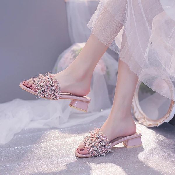 Abito moda perla 2024 donna 57 scarpe sandali pantofole tacco quadrato estate fuori casual donna Zapatos Mujer 345
