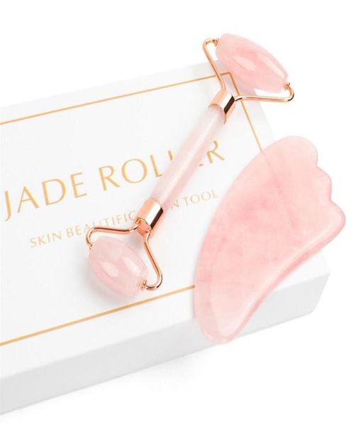 Rolo de jade para rosto 2 em 1 Conjunto de massageador de rolo de jade incluindo quartzo rosa e ferramenta de raspagem Gua Sha Jade facial antienvelhecimento facial 26670145