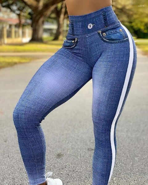 Calças femininas leggings falso denim impresso cintura alta controle de barriga magro bolso tornozelo comprimento outono fahsion