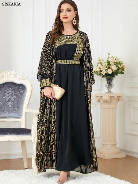 Abbigliamento etnico Nero Abaya di lusso Moda modesta Abiti musulmani Abaya per le donne Set da 2 pezzi Cintura da ricamo Caftano marocchino Ramadan