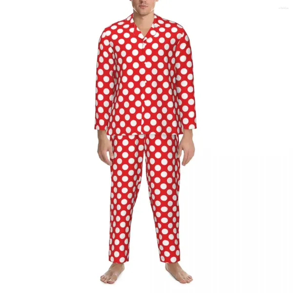 Pijamas masculinos branco e vermelho polka dot pijama conjuntos vintage ponto impressão adorável casal de manga longa quarto 2 peças nightwear plus size