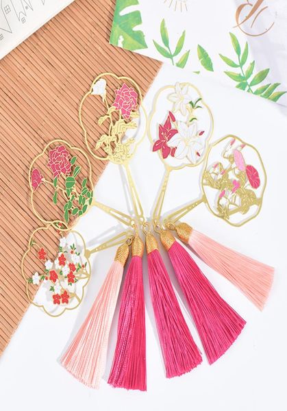 Segnalibro in metallo con ventaglio a fiori retrò Ciondolo con nappe in stile cinese Contrassegno di libro per regalo per studenti per bambini Forniture per ufficio scolastico1454244
