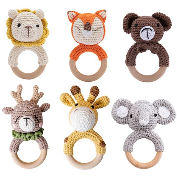 5PC Baby Rassel Spielzeug Cartton Tier Häkeln Holz Ringe Rassel DIY Handwerk Zahnen Rassel Amigurumi Für Babybett Hängen spielzeug 240307