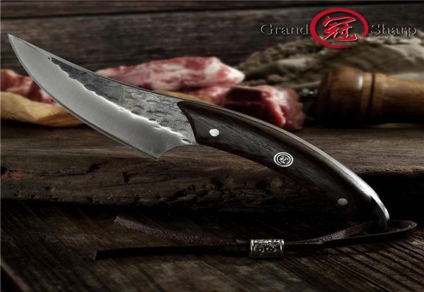 Grandsharp faca de desossa artesanal forjada chef faca de cozinha churrasco ferramenta de sobrevivência acampamento ao ar livre faca de caça forjada bainha de couro5898120
