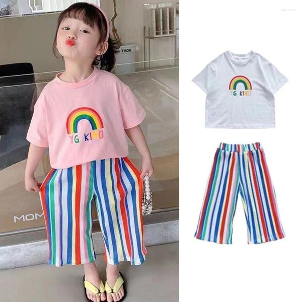 Conjuntos de roupas Bebê Meninas Roupas Set Criança Manga Curta T-shirt Calça 2 Pcs Outfits 2024 Verão Crianças Arco-íris Traje Estilo Coreano