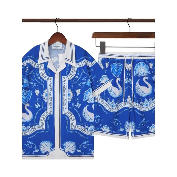 24ss Casablanca Camisas Casuais Masculinas Azul Lago dos Cisnes Esportes e camisa havaiana Lazer Camisas de manga curta para Homens e Mulheres casablanc