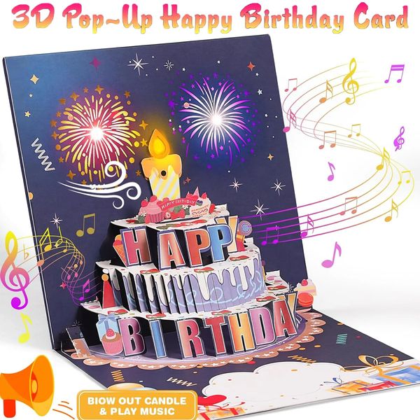 3D всплывающая выдувная открытка на день рождения с подсветкой и музыкой, счастливый фейерверк, торт, поздравительный подарок для жены, мамы и детей 240306