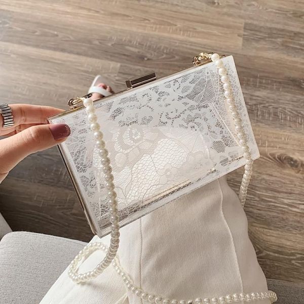 Borse da sera Borsa a tracolla in acrilico di pizzo bianco nero con catena di perle da donna Pochette da festa Borsa a tracolla da donna con patta205p