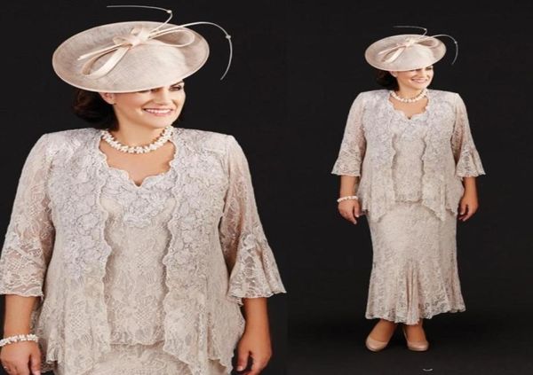 2019 elegante mãe da noiva vestidos de três peças de renda completa mother039s vestidos de casamento comprimento do tornozelo plus size mães baratas g6358335