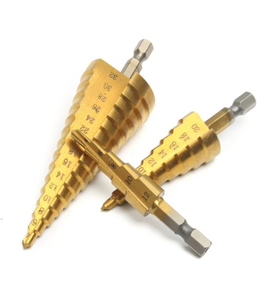 Conjunto de ferramentas de corte de perfuração de metal revestido com haste hexagonal de cone grande de 3 peças HSS Broca cortador de furo de aço 4122032mm9404635